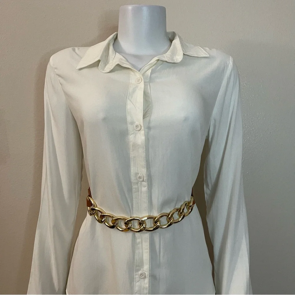 Brown faux leather gold tone chained elastic waistband skinny belt - Picture 2 of 8